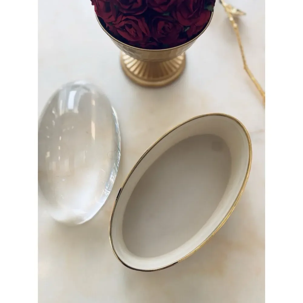 Jonathan Adler Gold Brass Tone Oval Trinket Box Clear Lucite Acrylic Lid Glam